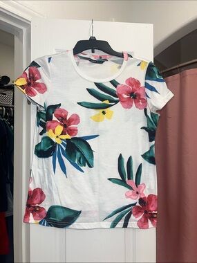 SHEIN White Tee with Pink & Yellow Floral Print